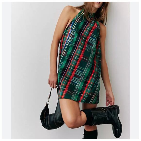 Free People Cityscape Plaid Halter Mini Dress Size Medium - Picture 1 of 9